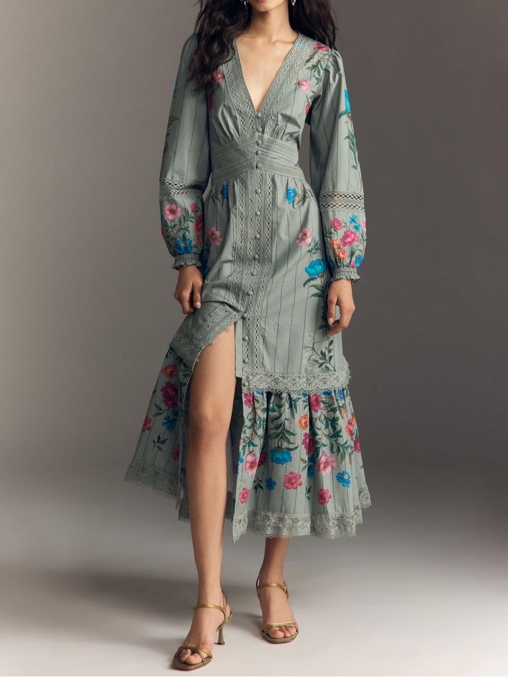 Anthropologie Sage Green Floral V-Neck Embroidered Midi Dress